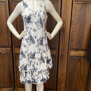 Italian Cotton Floral Sleeveless Dress - White and Navy Sz L